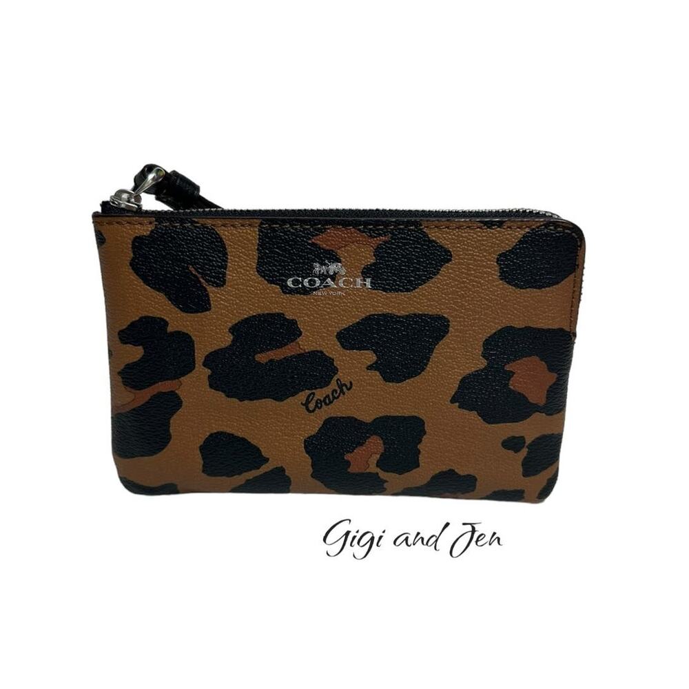 Coach Corner Zip Wristlet With Leopard Print New